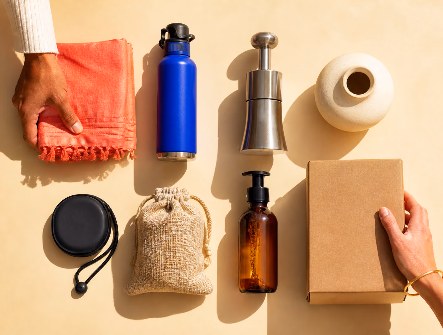 Merchant comparing a varied selection of unbranded product samples